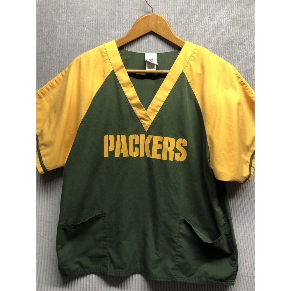 NFL Team Apparel Packers Unisex Scrub Top XL Green Yellow V Neck